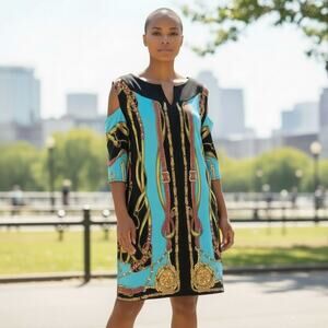Eva Varro Multi Color Dress Tunic Sz M "Versace Style" Cut Out Shoulders Vneck